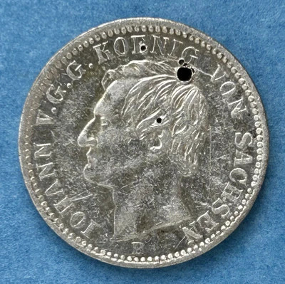 1865 German States Saxony 1/6 Vereinsthaler Silver Coin (damaged) - Image 1 of 2