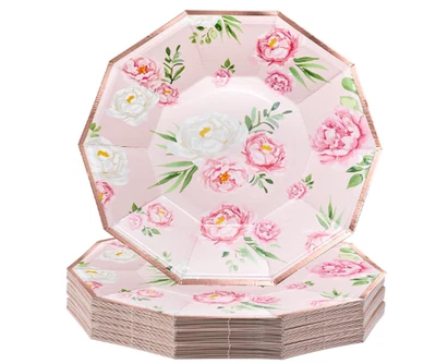 WRAPAHOLIC 25只装9英寸花卉纸盘,金箔粉红色玫瑰派对餐具 — 第 1/4 张图片