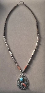 Vintage Native American sterling old Pawn necklace Coral Turquoise SB? 53 gram - Picture 1 of 8