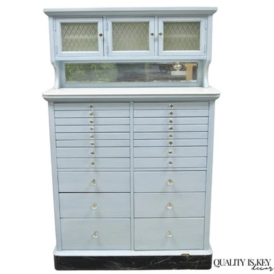 Antique Art Deco Medical Dental Cabinet Blue Painted w/Mirror and 22 Drawers - Image 1 of 4