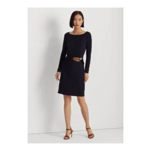 Lauren Ralph Lauren Buckle-Trim Stretch Jersey Dress Women's 10 Navy Long Sleeve - Picture 1 of 16