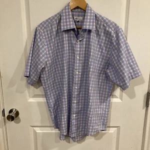 Peter Millar Shirt Mens Large Blue & Pink Short Sleeve Plaid Cotton Button Up - Picture 1 of 8