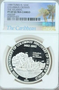 1989 TURKS & CAICOS SILVER 20 CROWNS COLUMBUS NGC PF 69 ULTRA CAMEO TOP POP - Picture 1 of 4