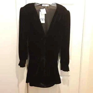 ZARA Black Velvet Long Sleeve Mini Dress XL NWT 4786/353 - Picture 1 of 11