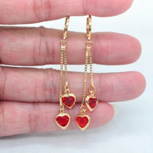 18K Yellow Gold Filled Women Fashion Red Mystic Topaz Heart Tassel Earrings - Picture 1 of 10