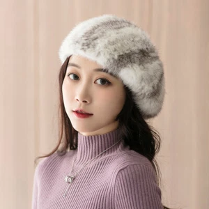 100% Echt Nerz Pelz Strickmütze achteckig Mütze Baskenmütze elastisch warm doppelseitig Beanie - Bild 1 von 20