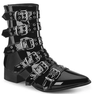 Demonia WARLOCK-70 Block Heel Pointed Toe Calf High Boot, Blk Pat, 8 - Picture 1 of 5