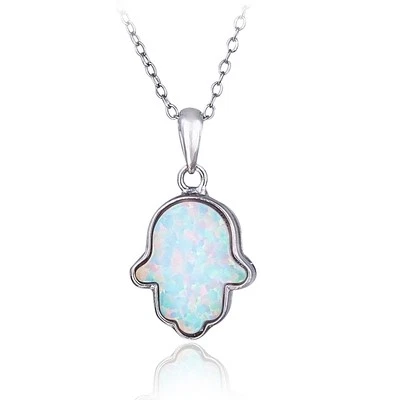 Sterling Silver Created White Opal Hamsa Necklace - Изображение 1 из 3