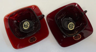 Anchor Hocking Royal Ruby Cups & Saucers (2 Sets) ~ Square Charm Pattern - Image 1 of 4