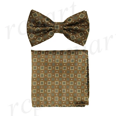 Conjunto de pajarita y pañuelo preatado para hombre cuadros y cuadros marrón bronce boda formal Foto 1 de 4
