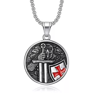 Herren Edelstahl Ritter Templer Kreuzschild Anhänger Halskette Kette - Bild 1 von 4