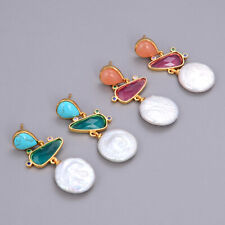Pink Aventurine Blue Turquoise White Coin Pearl Red Crystal Dangle Stud Earrings