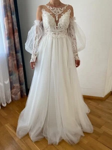 A – Line Sheer Neck Sheer Back Long Sleeves Floor Length Wedding Dress - Picture 1 of 6