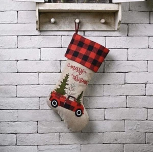 Burlap Merry Christmas Stocking with Pick Up Truck Tree Design Plaid - Picture 1 of 6