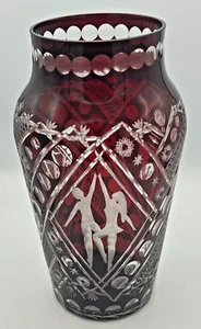 Jarrón de vidrio rojo rubí cortado a transparente bailarines checos bohemios Egermann 12" - Imagen 1 de 10