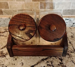 2 Glass & Wood Cookie/Candy Canisters Display Jars w/Lids & Display Rack Vintage - Picture 1 of 11
