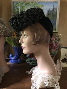 Vintage 1930’s Super Little Black Tilt Hat New York Creations sz 22.5 - Picture 1 of 7