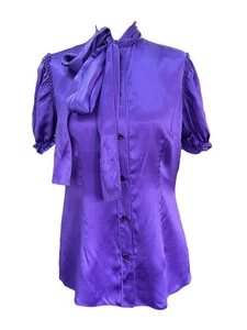 Dolce & Gabanna Silk Purple Puff Frill Sleeve Mock Front Tie Blouse - Size 46 - Picture 1 of 7