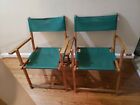 2 Folding Wooden Beach Sand Chairs Vintage Wooden  Frame Canvas Seat Oak Frame