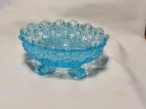 Vintage L G Wright Aqua Blue Glass Daisy And Button Footed Oval Candy Nut Dish - Picture 1 of 8