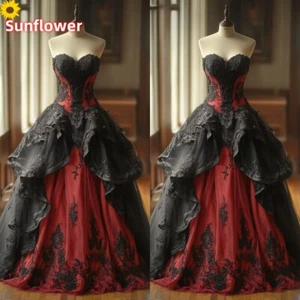 Vestidos de graduación góticos negros y rojos apliques de encaje volantes vestidos victorianos medievales - Imagen 1 de 10
