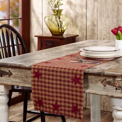 6' Burgundy Star Patch Appliqued Table Runner Red Khaki Tan Check Woven Cotton - Image 1 of 4