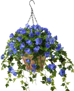 Artificial Vine Silk Petunia Flowers,Hanging Plant in Basket,Coconut Lining Pot - Picture 1 of 5