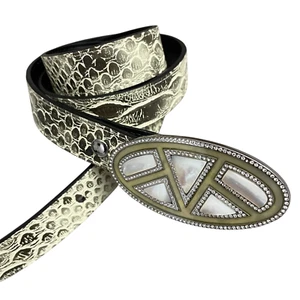 Cabi Snake Embossed Leather Belt Small Cream Rhinestone Embellished Buckle 1" - Picture 1 of 9