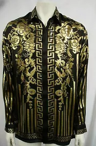 NUEVA CON ETIQUETAS CAMISA DE SEDA METÁLICA PARA HOMBRE CREMA DE SEDA ESTILO VEGAS NEGRA 5471 TALLA GRANDE - Imagen 1 de 2