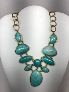 Glow by Sheila Fajl Faux blue turquoise gold Tone Bib Statement necklace Brazil - Picture 1 of 5