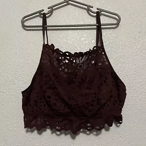 Sujetador Aerie Bralette Talla Mediana Encaje Cuello Alto Marrón Borgoña Correa Broche - Imagen 1 de 7