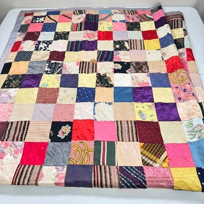 vintage handmade quilt twin patchwork satin square block 70x80 rustic primitive - Image 1 of 4