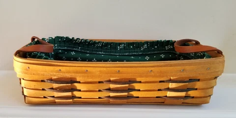 Longaberger 93 Bread Basket with Leather Handles Black Weaving. Fabric Liner Cover