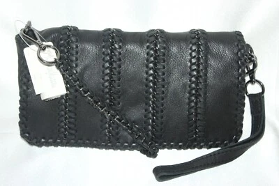 NEW! NWT! Linea Pelle Soft Black Leather Whipstitch Chain Flap Xbody Wristlet - Image 1 of 4