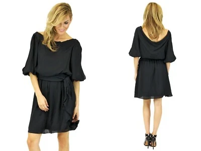 Vestido corto Halston Heritage cintura reunida negro drapeado recorte hombro seda Foto 1 de 4