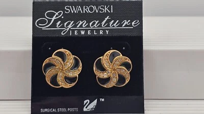 NWT~Swarovski Crystal~**BLACK ENAMEL GOLD TONE  POST EARRINGS**~Swan~JEWELRY - Image 1 of 4