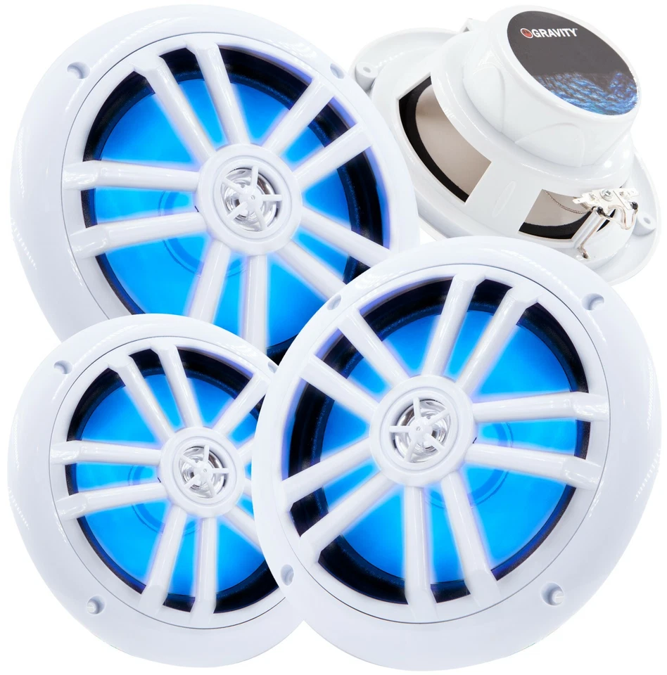 4x Gravity 2-Way 700 WATTS Coaxial Marine Audio Speakers 6-1/2" (White) / LED