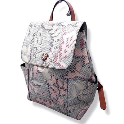 Mochila Tory Burch PVC Estampado Completo Mujer Usada Auténtica Foto 1 de 4