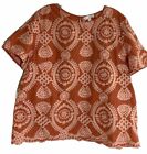 Anthropologie Eri + Ali Coralie Embroidered Orange Cotton Shirt Scallop Size XL