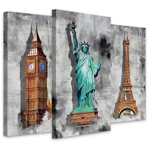 Leinwand Bilder Set Aufhängefertig 3 Bilder BIG BEN Freiheitsstatue Eiffelturm - Bild 1 von 7