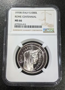 1970 MS66 Italy Silver 1000 Lire NGC Rome Centennial Concordia UNC KM 101 - Picture 1 of 3