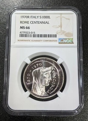 1970 MS66 Italy Silver 1000 Lire NGC Rome Centennial Concordia UNC KM 101 - Image 1 of 3