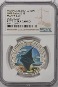 Palau 1999 5 Dollars NGC Proof 70UC Silver Marine Life Protection Manta Ray Colo - Picture 1 of 2