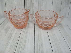 Vintage Pink Depression Glass Creamer and Sugar Jeannette Cube Cubist Pattern - Picture 1 of 18