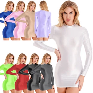 Women Glossy Long Sleeve Bodycon Mini Dress Sexy Tights Club Chemise AU - Picture 1 of 143