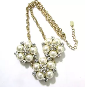 Faux Pearl Rhinestone Floral Pendant Necklace Gold Tone signed ETC! - Picture 1 of 4