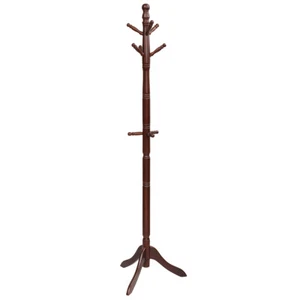 Free Standing Coat Rack Wooden Hall Tree 2 Adjustable Height w/ 9 Hooks Walnut - Picture 1 of 12