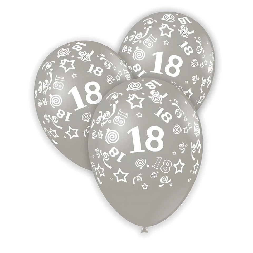 Palloncini 12" (30cm) argento con stampa bianca globo numero 18, 100pz. - Immagine 1 di 1