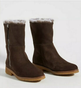 Anthropologie Farylrobin Alexandra Brown Suede Calf Boots, Fur Trim, 40/9.5 New!