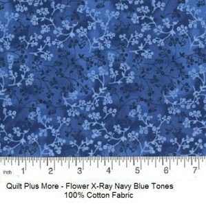 Flower X-Ray Navy Blue Tones 100% Cotton Fabric sold by 1/4 yard off bolt - Picture 1 of 1